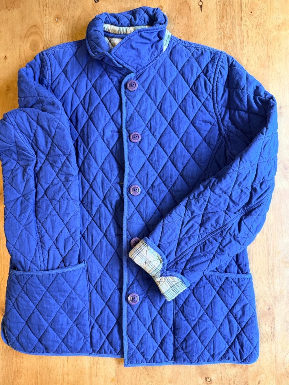 LL Bean Blue Quilted Barn Jacket Womens Small Flannel Lined Diamond Quilt Coat